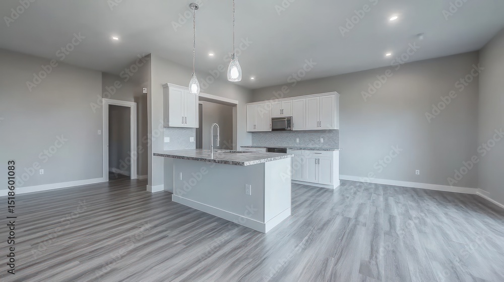 Fototapeta premium Open-concept kitchen and dining area with gray laminate flooring.