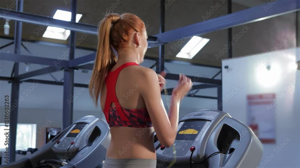 Focused woman adjusts treadmill settings while inserting earphones Focused woman adjusts treadmill settings while inserting earphones
