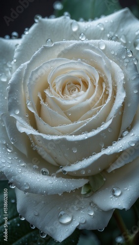 Close-up of a white rose with water droplets on petals and green leaves in the background