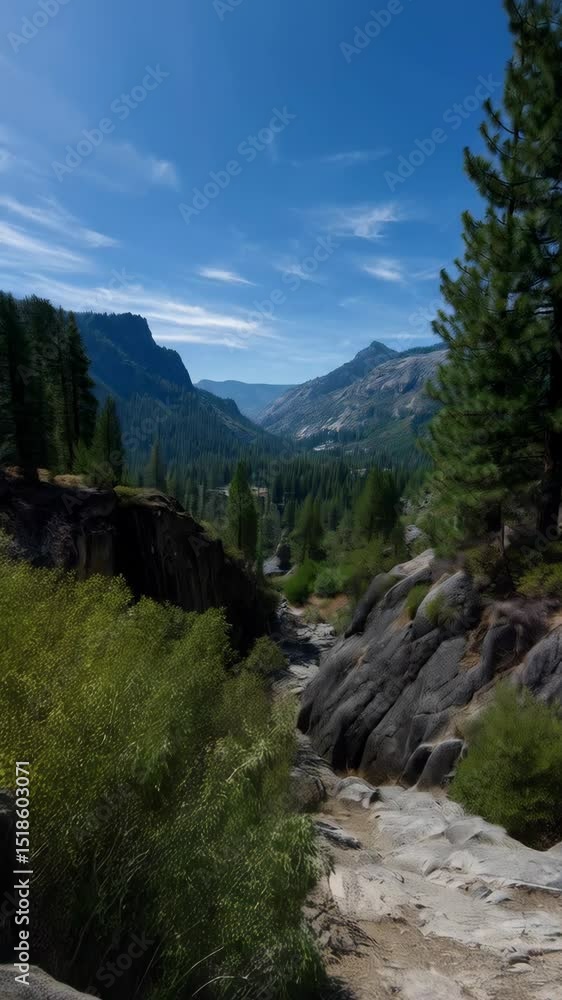 Scenic valley view showcases rocky stream and lush green forest with distant mountain peaks under bright blue sky on a sunny day Scenic valley view showcases rocky stream and lush green forest with distant mountain peaks under bright blue sky on a sunny day