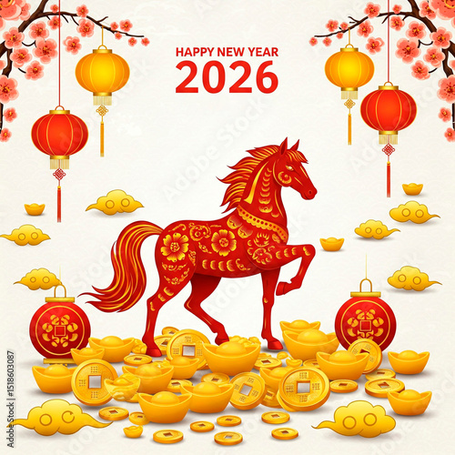 2026 Year of the Fire Horse New Year Illustration with Lanterns, Coins, and Cherry Blossoms for Festive Cards and Decor