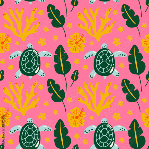 Tropical aesthetic, summer vacation vibes, holiday themed seamless vector pattern with cute groovy funky cartoon illustration of sea, ocean underwater shells, exotic fish, turtle, coral reef 