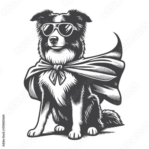 Vintage Hand-Drawn Border Collie as Superhero Illustration, Heroic Dog Engraved Style Vector for T-Shirts and Comic Themes Design