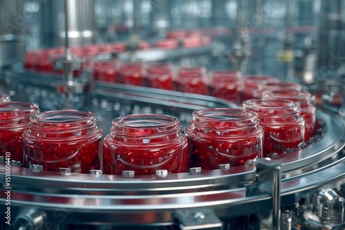 A modern factory showcases jars filled with vibrant red jam being transported on an assembly line