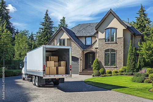 Luxury Home Move with Professional Truck and Boxes Highlighting Premium Relocation Services