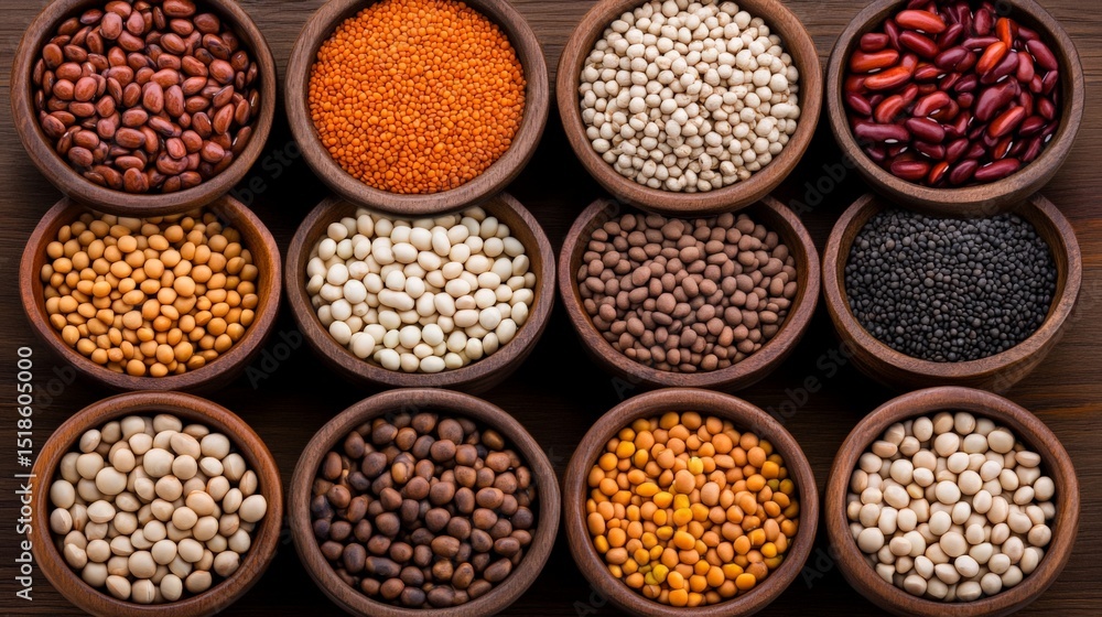 Fototapeta premium Assorted colorful beans and lentils arranged in small wooden bowls for culinary use