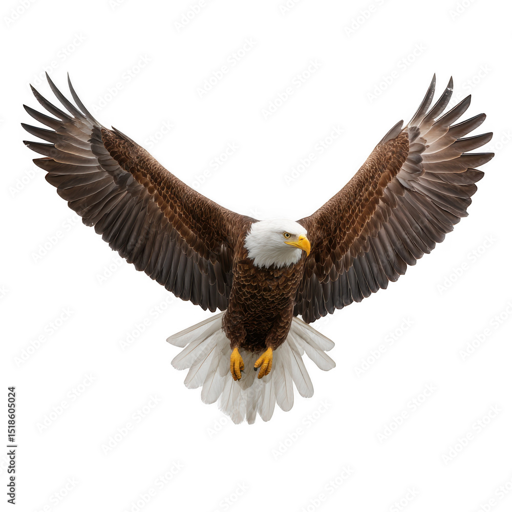 Obraz premium Majestic bald eagle flying freely on white background