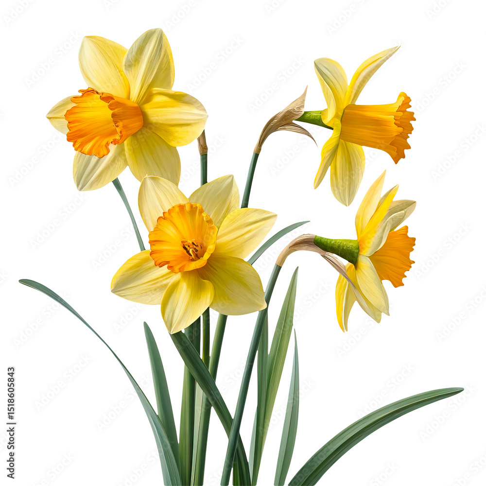 Fototapeta premium Bright Bouquet of Yellow Flowers with Fresh Green Leaves, Perfect for Celebrations, Home Décor, and Floral Arrangements, Isolated on Transparent Background