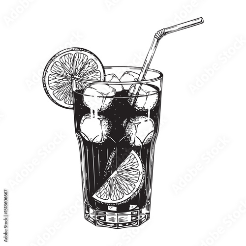 Cuba Libre Cocktail Doodle Art in black and white ink on a Transparent PNG Background, super detailed clean doodle