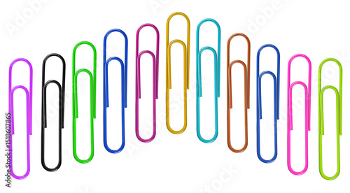 Colored paper clips collection isolated on a white background, top view. Office and school supplies.