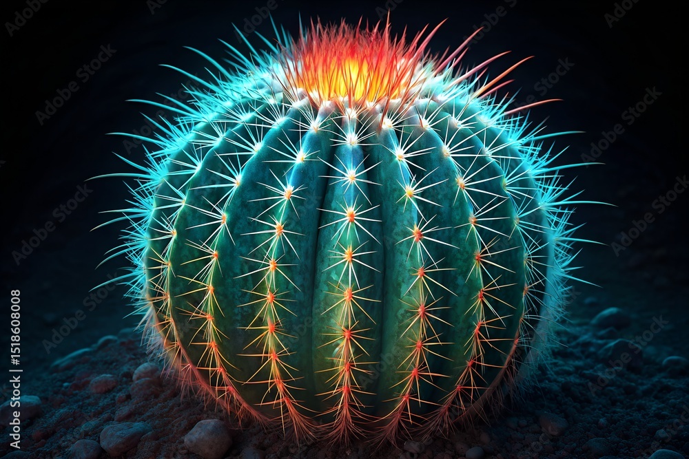 Obraz premium Vibrant glowing barrel cactus with neon spines in surreal desert night, high-resolution digital illustration, fantasy nature art