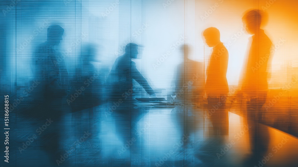 Abstract Business Meeting Silhouettes Blue Orange Tones Modern Corporate Teamwork Professional Collaboration Office Workers Blurred Figures Dynamic Energy Successful Abstract Business Meeting Silhouettes Blue Orange Tones Modern Corporate Teamwork Professional Collaboration Office Workers Blurred Figures Dynamic Energy Successful
