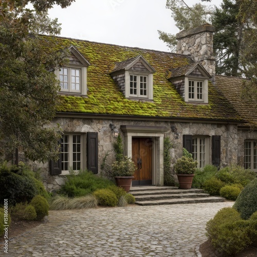 Stone house with mossy roof exterior on white background