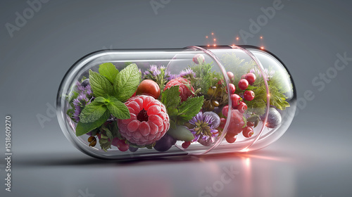 Transparent capsule filled with raspberries, herbs and flowers symbolizing natural vitamins, organic supplements and wellness concept