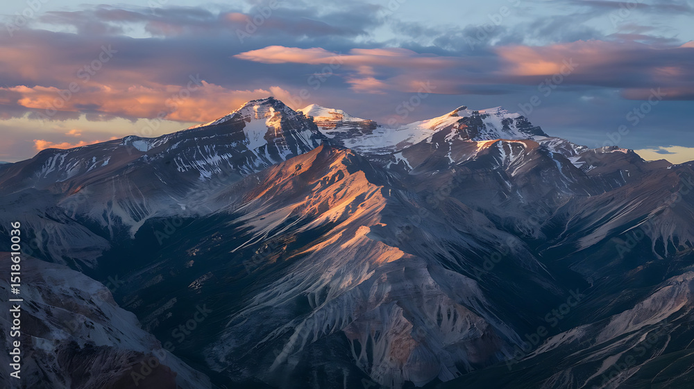 Obraz premium Sunset illuminates the snow-capped peaks of a majestic mountain range.