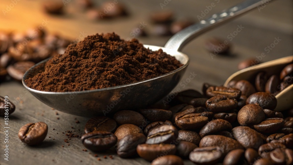 coffee in a metal scoop surrounded by roasted coffee beans coffee in a metal scoop surrounded by roasted coffee beans