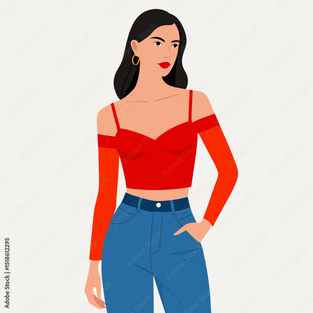 Stylish Woman in Red Off Shoulder Top and Blue Jeans Stylish Woman in Red Off Shoulder Top and Blue Jeans