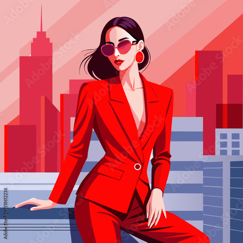 Stylish Woman in Red Power Suit Posing on City Rooftop