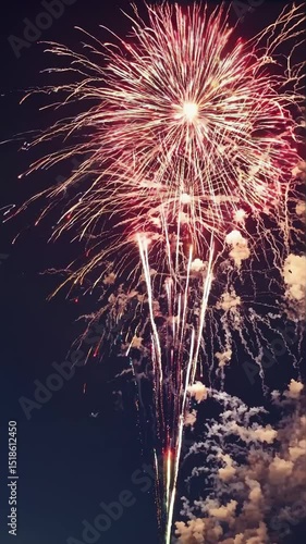 Golden and red fireworks burst in night sky with smoke trails, festive celebration atmosphere, suitable for Independence Day, New Year, holiday events, loopable video, black background