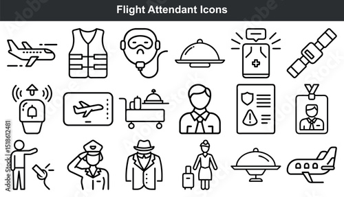 Flight attendant icons set airline travel safety