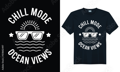 Modern chill mode ocean views summer t-shirt design with sunset, waves and sunglasses theme