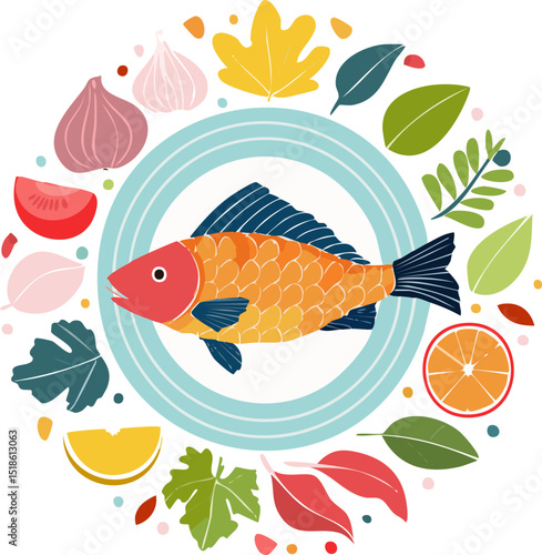 Abstract food posters with fish on plate. Contemporary art print in colorful whimsical style. Italian dolce vita dinner wall art. Vector graphic