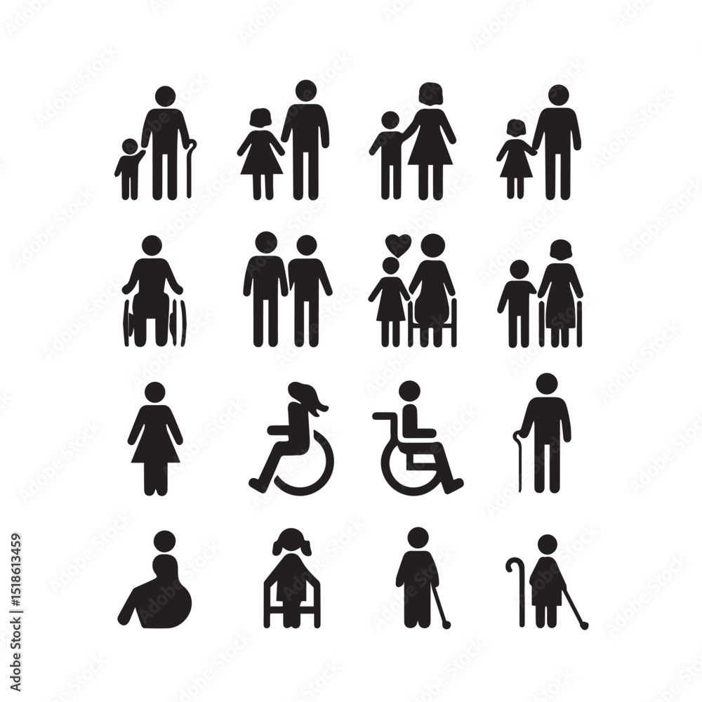 Diverse family and people icons set Diverse family and people icons set