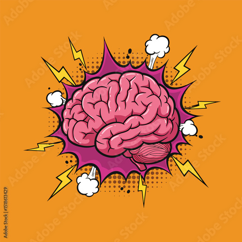 pop art brain with dynamic explosion doodles and lightning sparks on vibrant orange