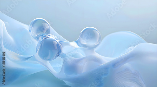 Elegant 3D abstract background with transparent glass bubbles and fluid blue waves. Minimalist and futuristic composition ideal for tech visuals, design concepts, and digital backdrops