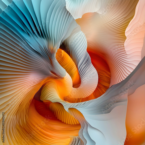 Flowing abstract 3D background with colorful paper-like folds in orange, blue, and beige tones. Surreal wavy texture perfect for modern art, design, wallpapers, and digital creativity