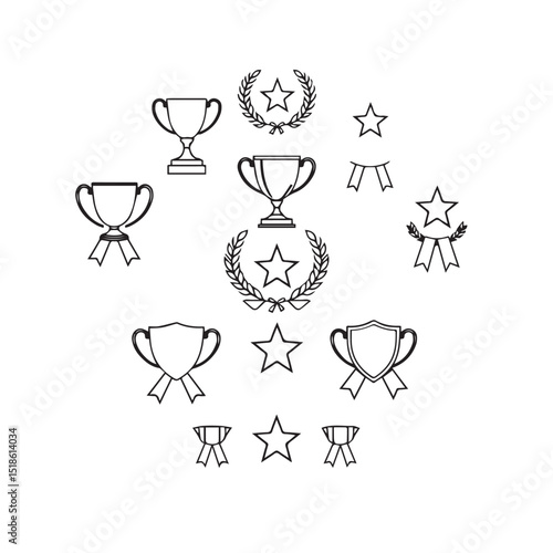 Award icons set trophies stars laurels ribbons