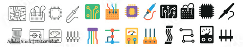 Electronics components collection, circuit symbols. hardware and technology icons set