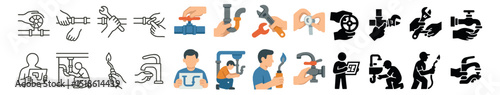 Plumbing tools collection, repair and maintenance icons. handyman service symbols set