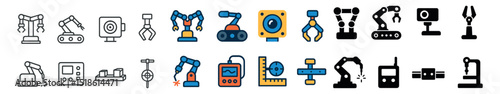 Robotic arm collection, automation and machinery icons. industrial and factory set