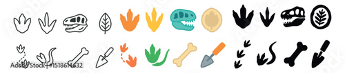 Dinosaur footprint icon collection, fossil and excavation symbols. prehistoric sign set