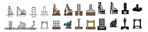 Construction equipment collection, building machinery icons. industrial and engineering tools