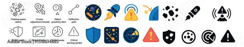 Space debris icons collection, satellite hazard symbols. orbital alert and defense set