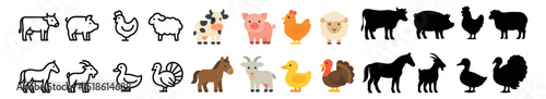 Farm animals icon collection, barnyard symbols. livestock and poultry design set