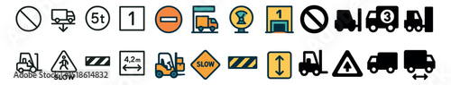 Warehouse safety icons collection, industrial signage symbols and logistics signs set