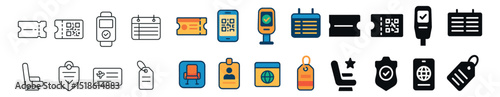 Airline travel collection, flight booking icons. transportation and ticketing symbols set