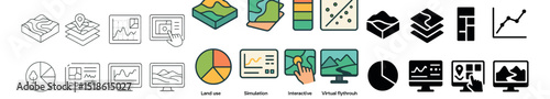 Geographic data analysis collection, mapping and chart design icons for projects