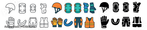 Safety equipment collection, protective gear icons. safety tools and attire set
