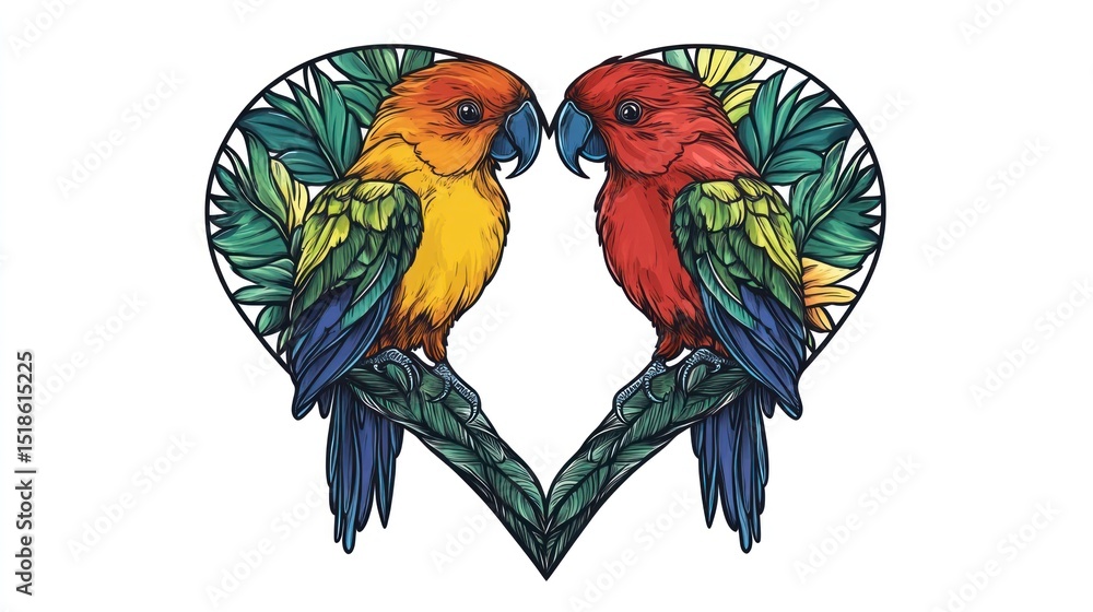 Fototapeta premium Parrots in Heart Shape, Tropical Design