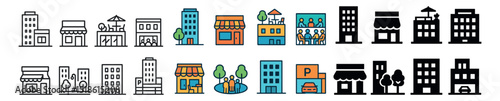 Urban architecture collection, cityscape and building design elements set