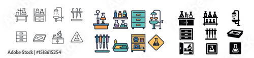 Laboratory equipment collection, scientific and research tools. experimentation icon set