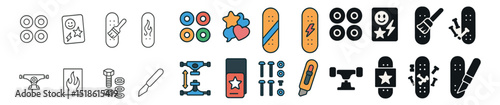 Skateboard icon collection: skateboarding graphics, deck designs, and wheels set