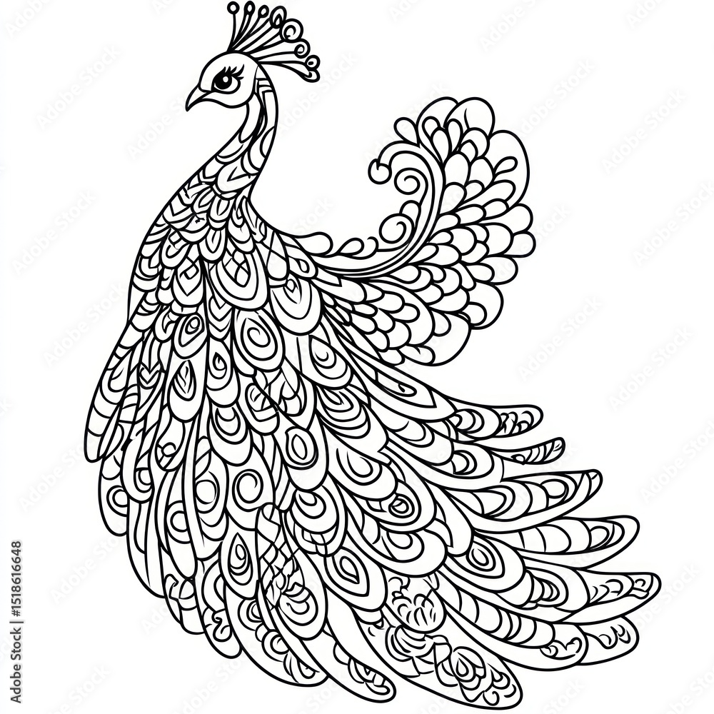 Fototapeta premium Ornate peacock outline drawing for coloring book, artistic design, printable art, pattern