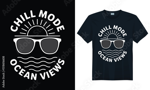 Trendy summer t-shirt design featuring ocean waves chill mode text and stylish sunglasses illustration