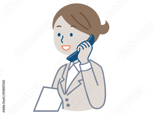 A female officer stands in a pose talking on the telephone.