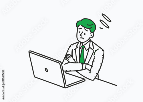 young businessman shocked in front of the laptop. Male business man worried in front of a computer. Dynamic single line draw design graphic vector illustration.